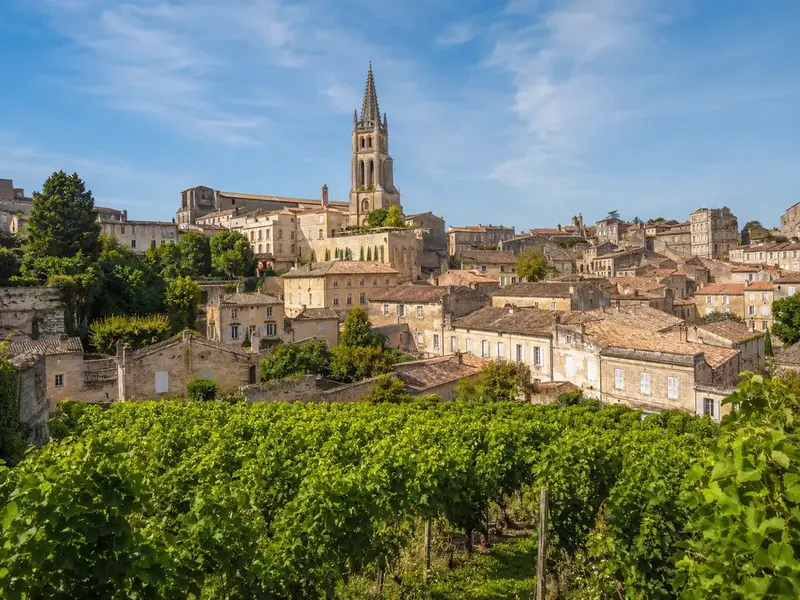 Medieval hilltop village of Saint-Émilion at sunset